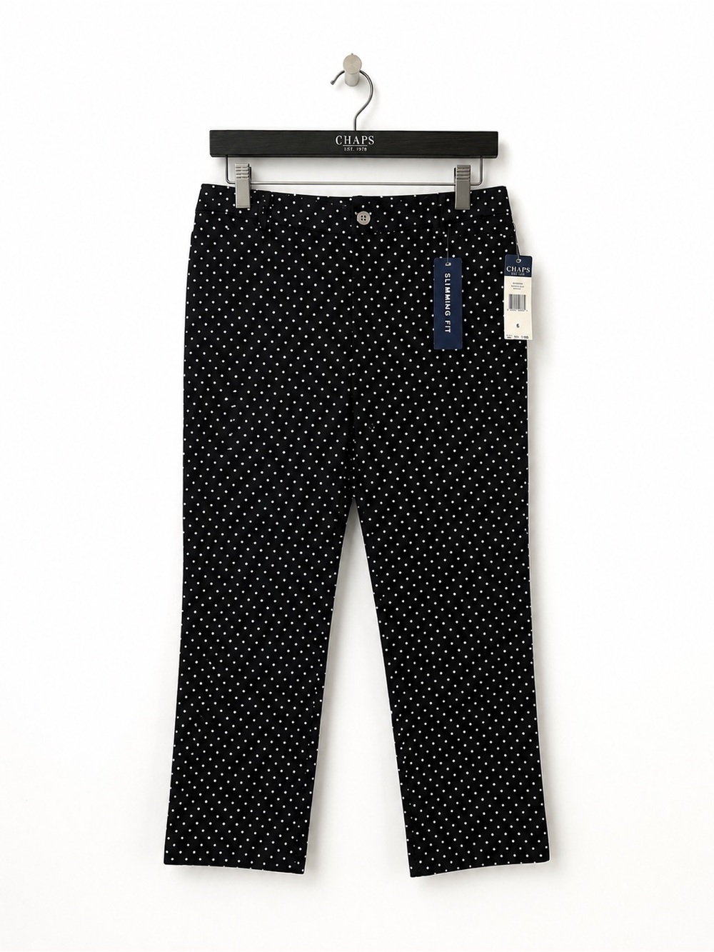 Chaps Polka Dot Slimming Fit Pants Womens Size 6 Black White Stretch NWT